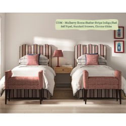 Solas Coll Bed shown in Mulberry Home Shelter Stripe Indigo/Red, Self Piped with Chrome Glides and Standard Drawers.