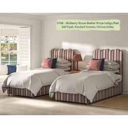 Solas Coll Bed shown in Mulberry Home Shelter Stripe Indigo/Red, Self Piped with Chrome Glides and Standard Drawers.
