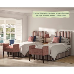 Solas Coll Bed shown in Mulberry Home Shelter Stripe Indigo/Red, Self Piped with Chrome Glides and Standard Drawers.