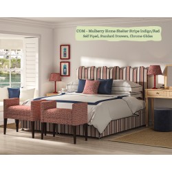 Solas Coll Bed shown in Mulberry Home Shelter Stripe Indigo/Red, Self Piped with Chrome Glides and Standard Drawers.