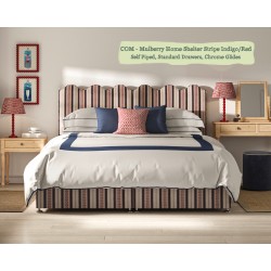 Solas Coll Bed shown in Mulberry Home Shelter Stripe Indigo/Red, Self Piped with Chrome Glides and Standard Drawers.