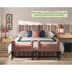 Solas Coll Bed shown in Mulberry Home Shelter Stripe Indigo/Red, Self Piped with Chrome Glides and Standard Drawers.