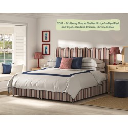 Solas Coll Bed shown in Mulberry Home Shelter Stripe Indigo/Red, Self Piped with Chrome Glides and Standard Drawers.