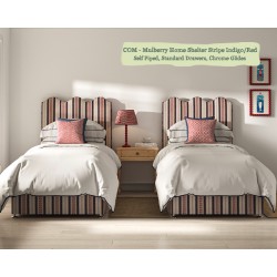 Solas Coll Bed shown in Mulberry Home Shelter Stripe Indigo/Red, Self Piped with Chrome Glides and Standard Drawers.