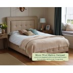 Single Bed Jura Moon Wool Melton Oatmeal 150cm Low Headend Low Buttoned Footend Self Buttoned Vintage Studs