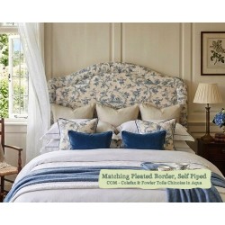 Double Tresco Headboard in Colefax & Fowler Toile Chinoiserie Aqua, with Self Piping and Matching Pleated Border