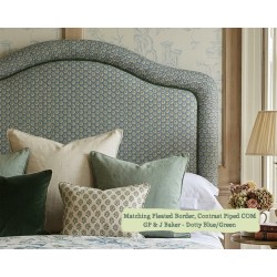 Small Double Tresco Headboard in GP&J Baker Dotty Blue Green, with Contrast Piping COM and Matching Pleated Border