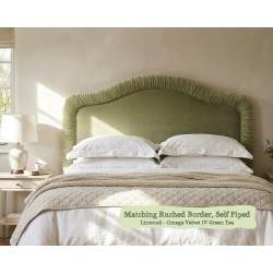 Small Double Tresco Headboard in Linwood Omega Velvet IV Green Tea with matching ruched border