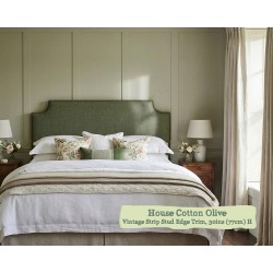 Kingsize Farne Headboard in House Cotton Olive, Vintage Strip Stud Edge Trim, 77cm High