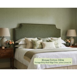 Super King Farne Headboard in House Cotton Olive, Vintage Strip Studs Edge Trim, 77cm High