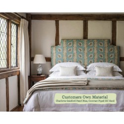 Kingsize Farne Headboard in Charlotte Gaisford Pearl Blue, Contrast Piped in House Cotton Sand, 77cm High