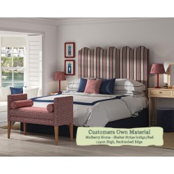 Euro King Solas Headboard in Mulberry Home Shelter Stripe Indigo Red Bactacked Edge 115cm High