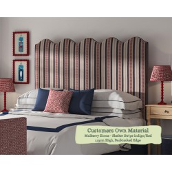 Euro King Solas Headboard in Mulberry Home Shelter Stripe Indigo Red Bactacked Edge 115cm High