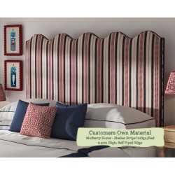 Euro King Solas Headboard in Mulberry Home Shelter Stripe Indigo Red Self Piped Edge 115cm High