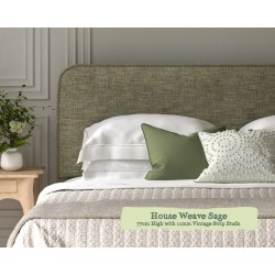 Euro King Headboard Faray House Weave Sage 77cm Height 11mm Vintage Strip Studs