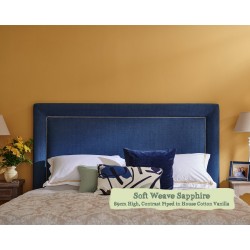 Euro King Headboard Ghia Soft Weave Sapphire 89cm High Contrast Piped House Cotton Vanilla