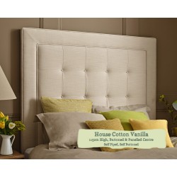 Euro King Headboard Jura House Cotton Vanilla 115cm High Buttoned and Panelled Centre Self Piped Self Buttoned