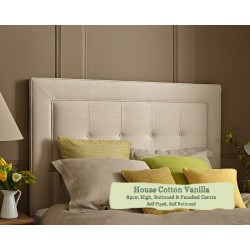 Euro King Headboard Jura House Cotton Vanilla 89cm High Buttoned and Panelled Centre Self Piped Self Buttoned