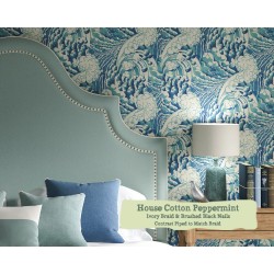 Euro King Headboard Kerrera House Cotton Peppermint Ivory Braid Brushed Black Nails Contrast Piped to Match Braid