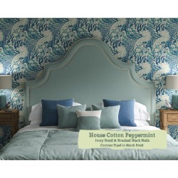 Euro King Headboard Kerrera House Cotton Peppermint Ivory Braid Brushed Black Nails Contrast Piped to Match Braid