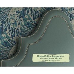 Euro King Headboard Kerrera House Cotton Peppermint Ivory Braid Brushed Black Nails Contrast Piped to Match Braid