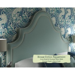 Euro King Headboard Kerrera House Cotton Peppermint Ivory Braid Brushed Black Nails Contrast Piped to Match Braid
