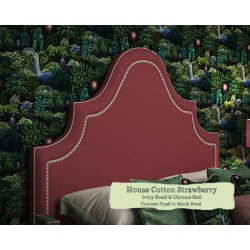 Euro King Headboard Kerrera House Cotton Strawberry Ivory Braid Chrome Nail Contrast Piped to Match Braid