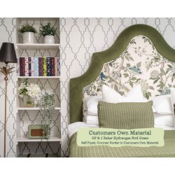 Euro King Headboard Bryher GP and J Baker Hydrangea Bird Green Self Piped Contrast Border Customers Own Material