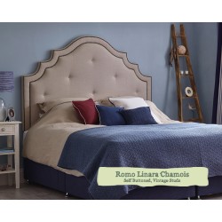 Euro King Bardsey Headboard in Romo Linara Chamois, Self Buttoned with Vintage Stud Border