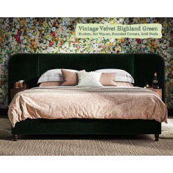 Bute in Vintage Velvet Highland Green, 116cm H, 51cm W extensions, rounded corners, gold studs.