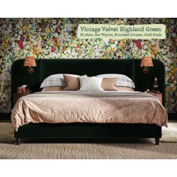 Bute in Vintage Velvet Highland Green, 116cm H, 51cm W extensions, rounded corners, gold studs + light cutouts.