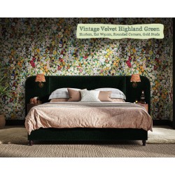 Bute in Vintage Velvet Highland Green, 116cm H, 51cm W extensions, rounded corners, gold studs + light cutouts.
