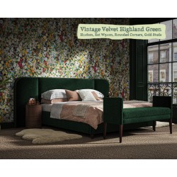 Bute in Vintage Velvet Highland Green, 116cm H, 51cm W extensions, rounded corners, gold studs.