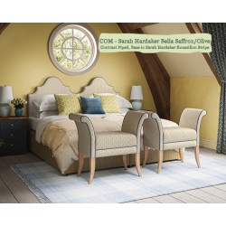 Headboard in Sarah Hardaker Bella Saffron Olive, Piped in Harbour Marine, Base in Sarah Hardaker Roussillon Stripe Saffron.