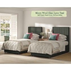 Shown in Moon Wool Glen Lyon Teal, Self Piped, Fixed Cover, Standard Drawers, Chrome Glides.