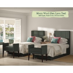 Shown in Moon Wool Glen Lyon Teal, Self Piped, Fixed Cover, Drawers, Chrome Glides with Small Brampton End of Bed Stools.