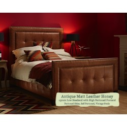 Euro King Bed Jura Antique Matt Leather Honey 150cm Low Headend High Buttoned Footend Self Buttoned Vintage Studs