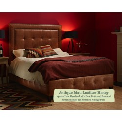 Euro King Bed Jura Antique Matt Leather Honey 150cm Low Headend Low Buttoned Footend Self Buttoned Vintage Studs