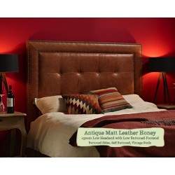 Euro King Bed Jura Antique Matt Leather Honey 150cm Low Headend Low Buttoned Footend Self Buttoned Vintage Studs