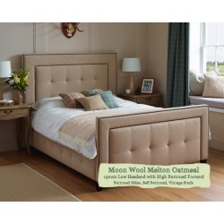 Euro King Bed Jura Moon Wool Melton Oatmeal 150cm Low Headend High Buttoned Footend Self Buttoned Vintage Studs
