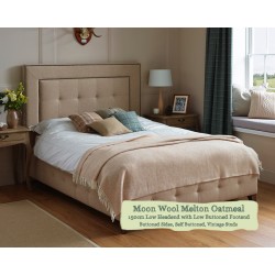 Euro King Bed Jura Moon Wool Melton Oatmeal 150cm Low Headend Low Buttoned Footend Self Buttoned Vintage Studs