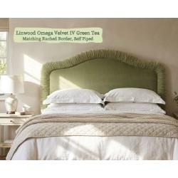 Tresco Bed in Linwood Omega Velvet IV Green Tea, with a ruched border and self piped
