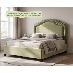 Tresco Bed in Linwood Omega Velvet IV Green Tea, with a ruched border, self piped and 4ins Dark Turned Legs