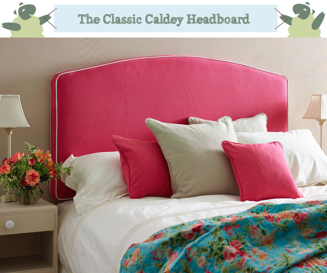 Caldey Curved Headboard in Pure Cotton Coral Pink Fuchsia with Contrast Piping in Weave Natural