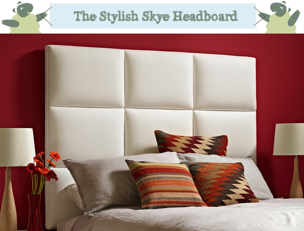 Geometric Block Style Skye Headboard upholstered in Faux Leather White in a Farrow & Ball Rectory Red painted room