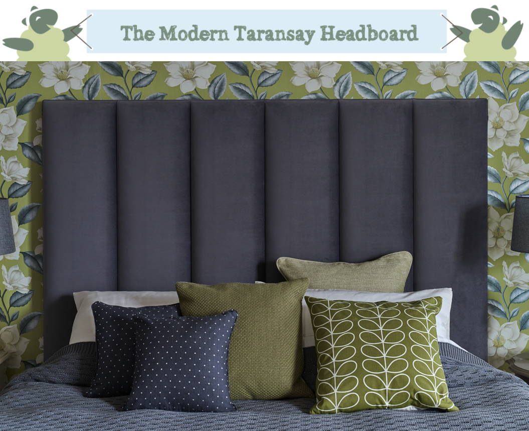 Contemporary Fluted Taransay Headboard upholstered in Flat Velvet Storm in a Jardin Des Plantes Floral Green wallpapered room