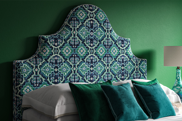 Ornate Curved Shape Samson Headboard upholstered in Linwood's New Kami Seagreen Fabric 2