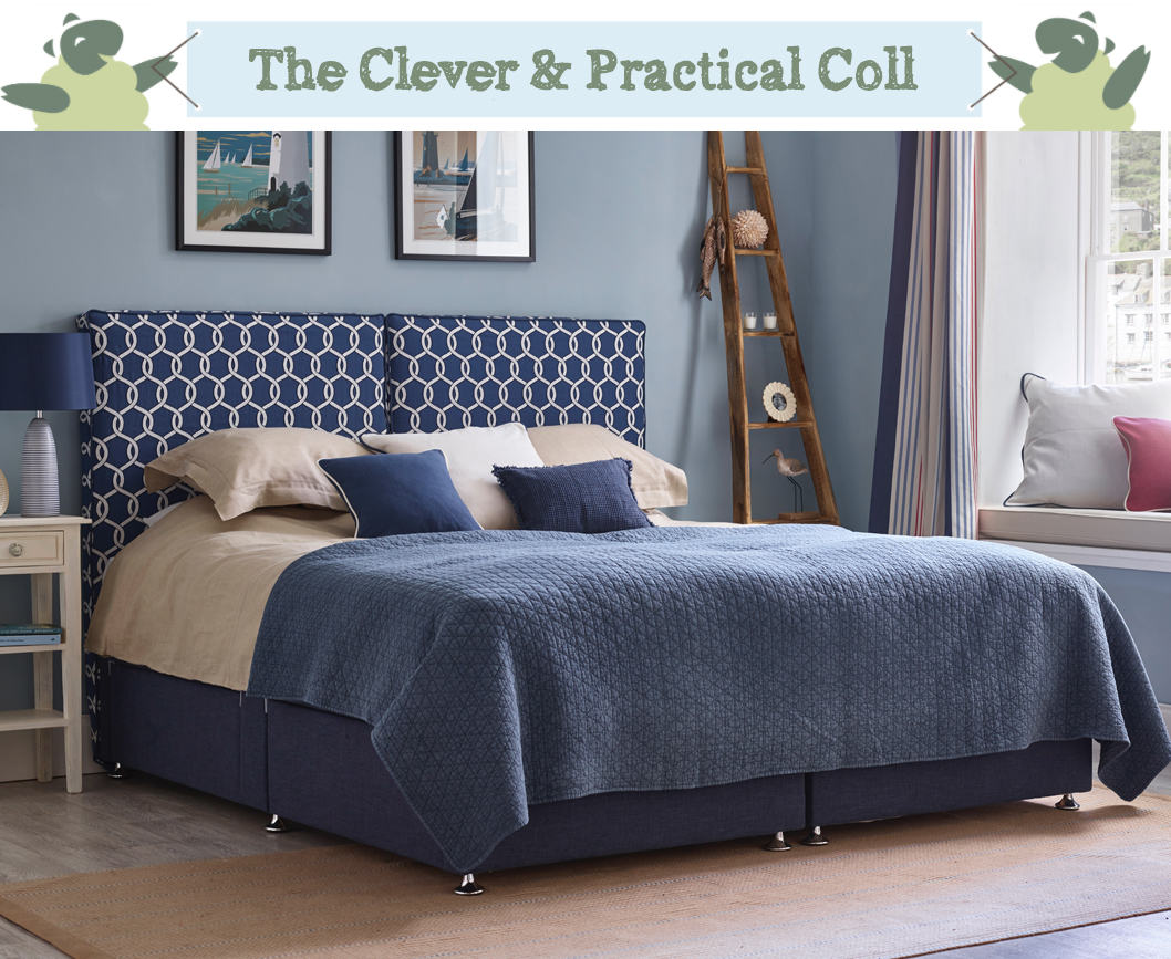 The Clever and Practical Coll Zip & Link Bed with removable cover, covered in a Textured Rope Indigo fabric in a Farrow & Ball Parma Gray coastal room