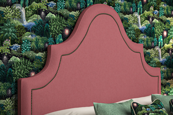 Kerrera Keystone Shape Headend Fully Upholstered Bed in House Cotton Strawberry with Vintage Strip Studs