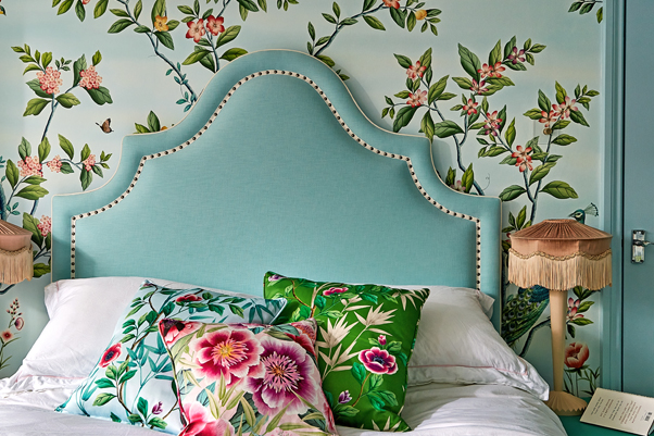 Kerrera Keystone Shape Headend Fully Upholstered Bed in House Cotton Sky with Ivory Braid and Chrome Studs